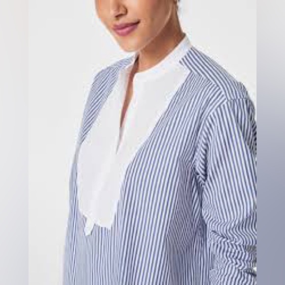 SPANX Poplin Tuxedo Shirt XL Blue White Stripe Long Sleeve High-Low Hem nautical - Picture 2 of 12